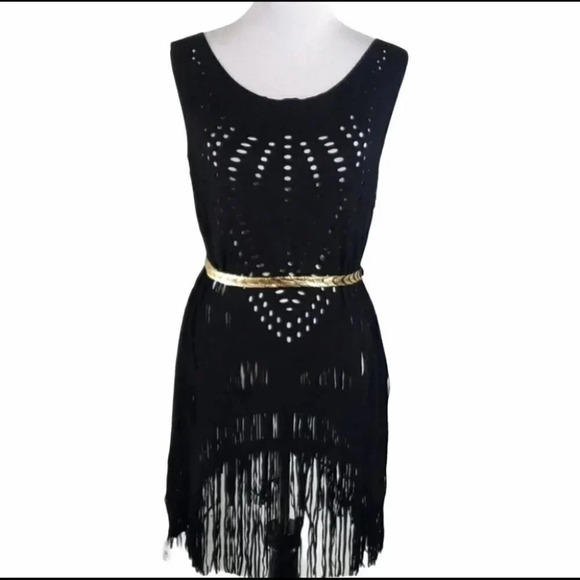 Trendy Boho Faux black faux suede fringe tunic Western Gothic Cowgirl Concert - Picture 2 of 7